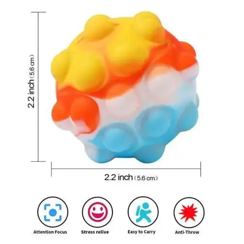 Multi color anti stress figet toy ball image with measurements and features